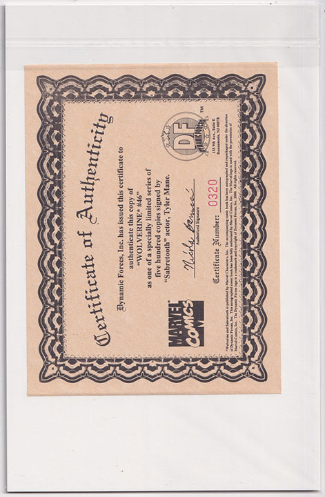 Wolverine Vol 2 #46 Dynamic Forces Variant Signed By Tyler Mane 320/500 Wolverine Vol 2 #46 Dynamic Forces Variant Signed By Tyler Mane 320/500