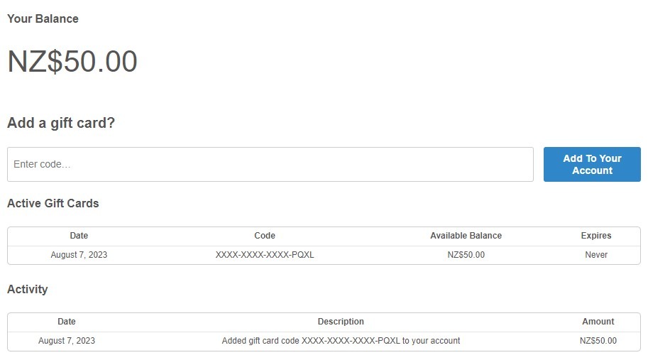 Gift Card My Account Page